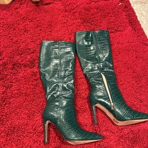 Hunter green knee high faux Python/faux leather boots